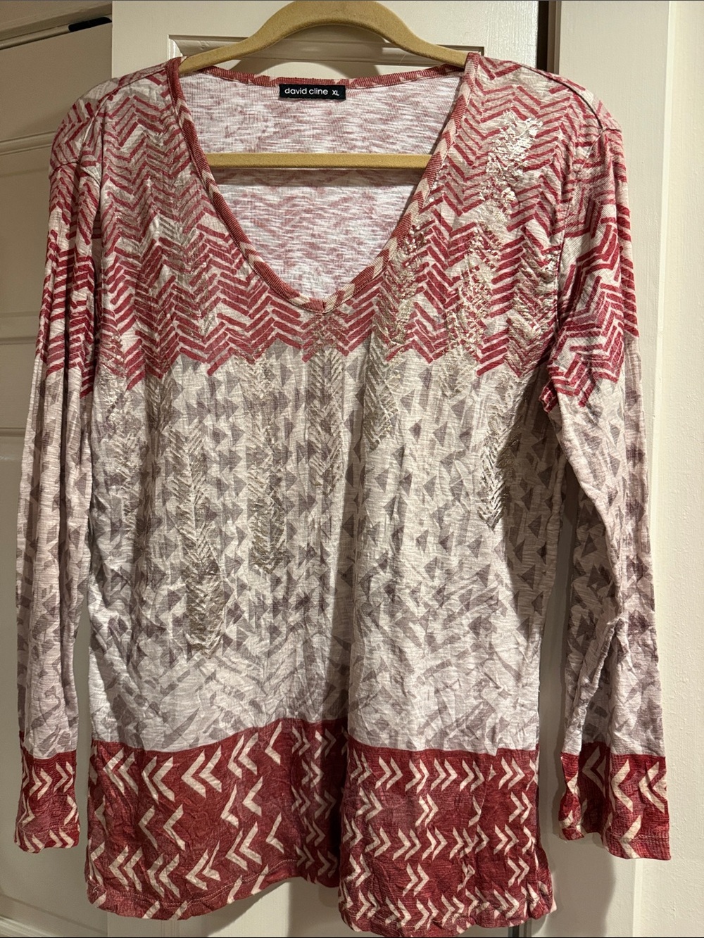 David Cline V-Neck Long Sleeve Geometric Knit Top - Rust & Cream - SZ XL